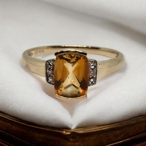 10K Yellow Gold Elegant Citrine With Diamond Accent Ring Sz 7